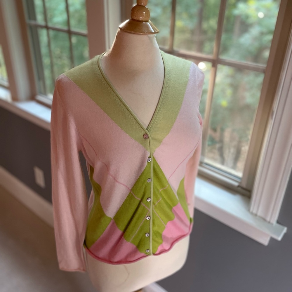 Talbots Petites Pink and Green Argile Print Cardigan Sweater Cashmere Blend